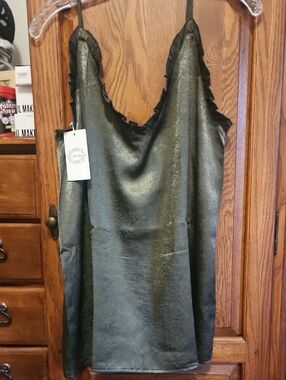 Satin Slip Dress in Shimmering Dark Green